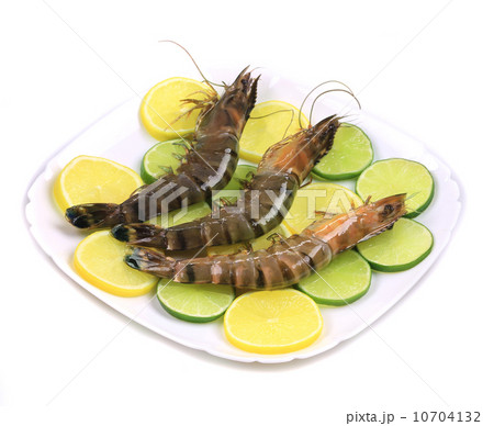 Raw tiger shrimps on plate. Raw tiger shrimps on plate. 10704132