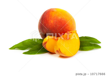 One perfect, ripe peache with slices isolated on a white backgro 10717666