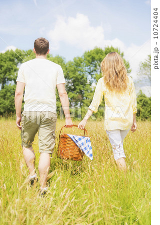 Couple walking with picnic basket on meadow 10724404