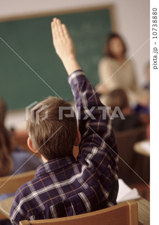Child raising his hand in school classroom 10738880