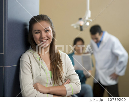 Portrait of patient, dentists in background 10739200