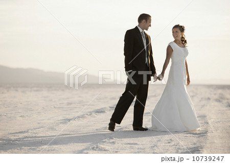 Bride and groom holding hands in desert 10739247