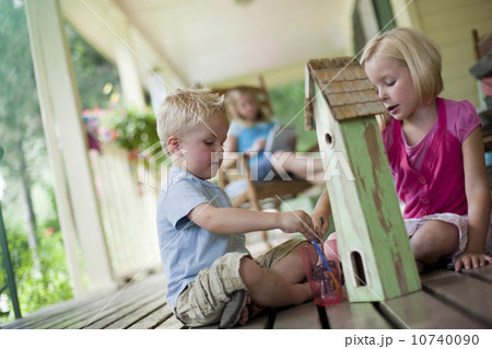 Brother and sister painting birdhouse together 10740090