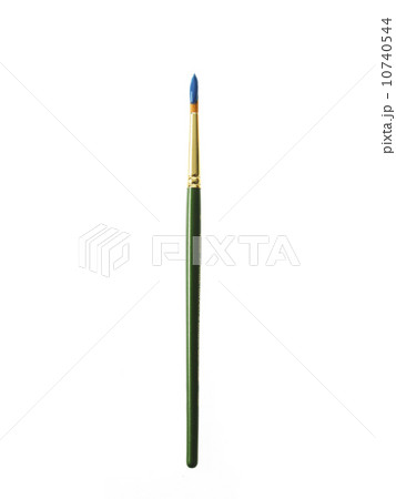 Green paintbrush with blue paint on white background Green paintbrush with blue paint on white background 10740544