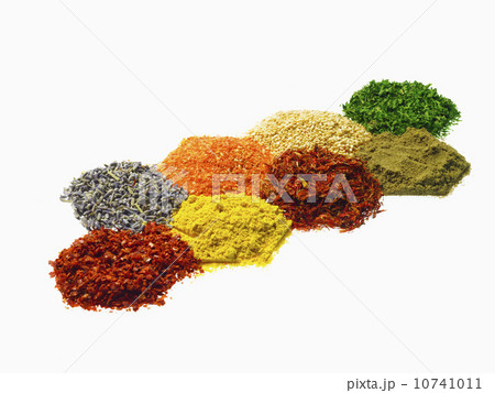 Studio shot of Piles of spice on white background 10741011
