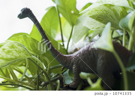 Figurine of dinosaur among leaves 10741335