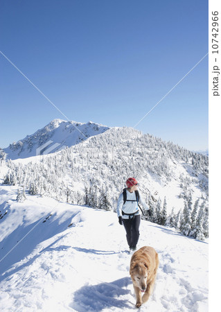 Woman hiking with her dog in winter scenery Woman hiking with her dog in winter scenery 10742966
