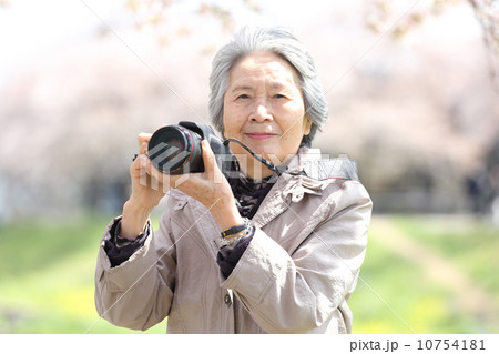 桜とカメラを持つシニア 10754181