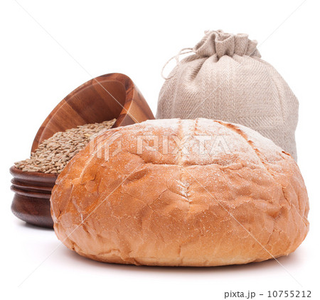 Bread, flour sack and grain isolated on white background cutout Bread, flour sack and grain isolated on white background cutout 10755212