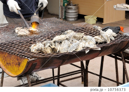 厚岸町桜 牡蠣まつりの焼き牡蠣の写真素材