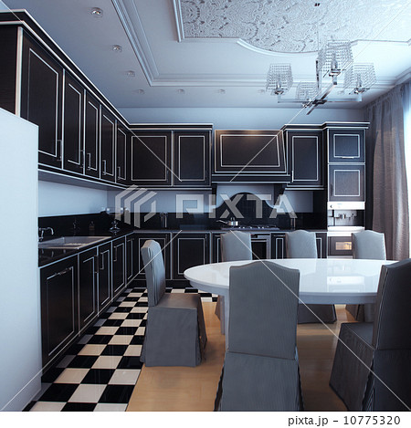 Black And White Kitchen Interior With Dining Area 10775320