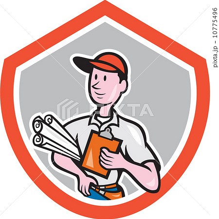 Builder Carpenter With Plans Shield Cartoon 10775496