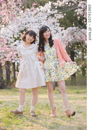 桜の木の下で春を楽しむ若い2人の女性 10791960
