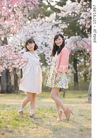 桜の木の下で春を楽しむ若い2人の女性 10791967