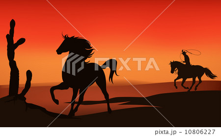 wild west sunset landscape - cowboy chasing a...のイラスト素材 [10806227] - PIXTA