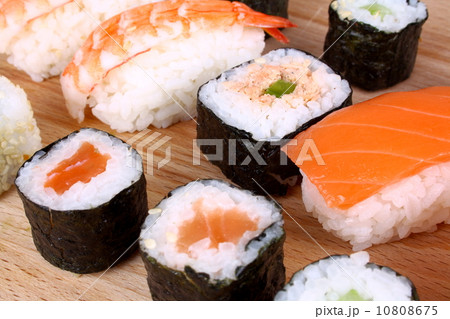 Maki sushi and Prawns Nigiri with cucumber 10808675