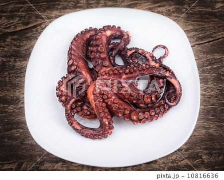 Boiled octopus sea, in a plate. Red with tentacles. Boiled octopus sea, in a plate. Red with tentacles. 10816636