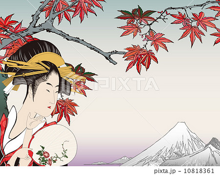 歌麿 美人画と広重 紅葉手古那のイメージイラストのイラスト素材