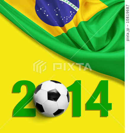 Flag of Brazil on yellow background. 2014 year digits. 10819687