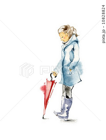 うつむく女性と傘のイラスト素材 1084
