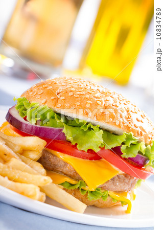 Fast food eat. Burger and French Fries on the plate. 10834789