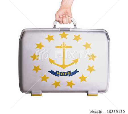 Used plastic suitcase with stains and scratches 10839130