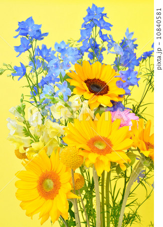 ヒマワリのフラワーアレンジメント ひまわり 黄色 デルフィニウム 青 ガーベラ ピンク の写真素材