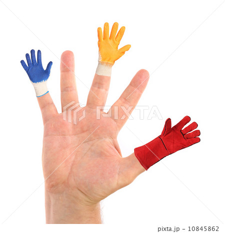 Hand with different gloves on fingers. Hand with different gloves on fingers. 10845862