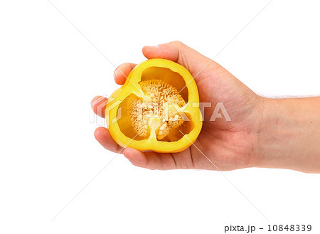 Hand holds half of yellow pepper. Hand holds half of yellow pepper. 10848339