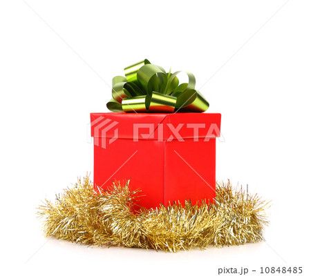 Red gift box with green-golden bow. Red gift box with green-golden bow. 10848485
