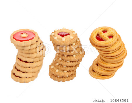 Three stacks of different biscuits. 10848591