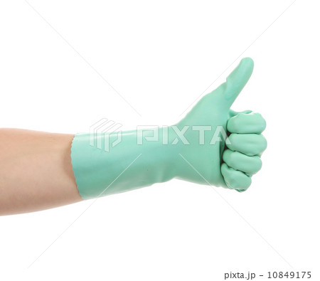 Blue glove for cleaning show thumbs up. Blue glove for cleaning show thumbs up. 10849175