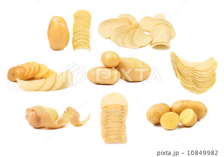 Collage of potatoes slices a chips. 10849982