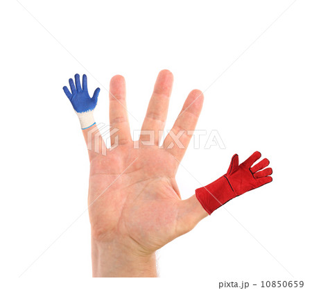 Hand with two gloves on fingers. Hand with two gloves on fingers. 10850659
