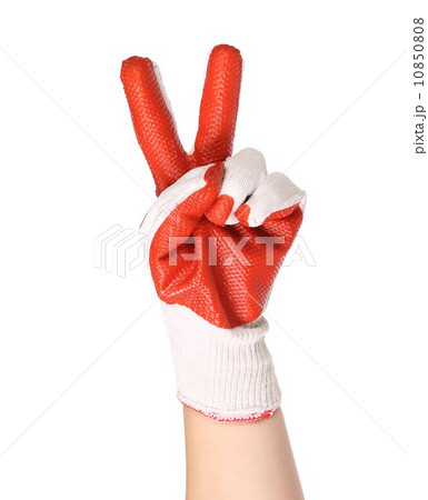 Hand shows two in a red rubber glove Hand shows two in a red rubber glove 10850808