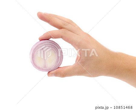 Hand holding onion circle. 10851468