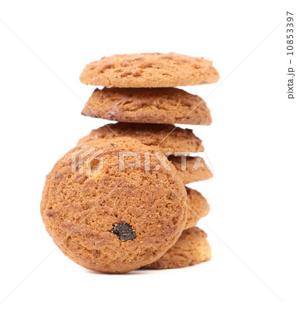 Stack of oatmeal chocolate chip cookies. 10853397