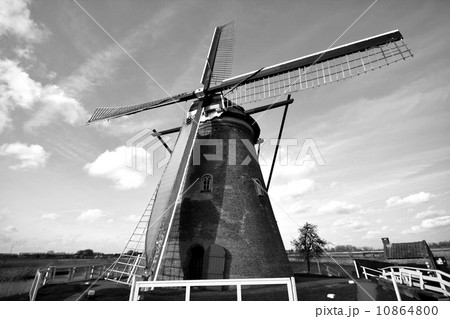キンデルダイクの風車　白黒写真 10864800