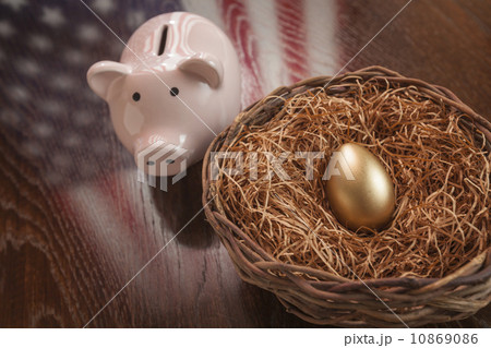 Golden Egg, Nest and Piggy Bank with American Flag Reflection 10869086