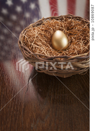 Golden Egg in Nest with American Flag Reflection on Table 10869087