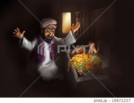 Arabic man in traditional clothing and monkey discovering treasure- funny cartoon illustration Arabic man in traditional clothing and monkey discovering treasure- funny cartoon illustration 10872227
