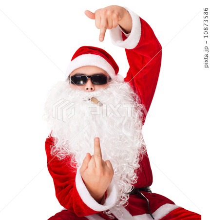 Santa Claus wearing sunglasses and smoking a cigar showing his m Santa Claus wearing sunglasses and smoking a cigar showing his m 10873586