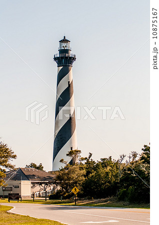 Diagonal black and white stripes mark the Cape Hatteras lighthou 10875167