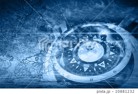 Blue ships navigation illustration with compass, lighthouse and 10881232