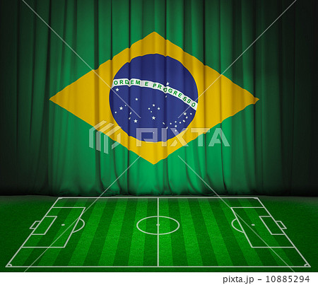 Soccer field with flag of Brazil on green curtain 10885294