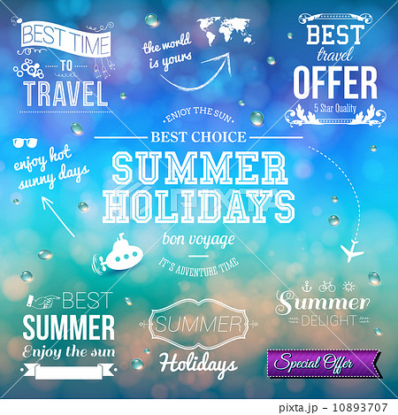 Summer design on blurred background. Set of typographic labels f Summer design on blurred background. Set of typographic labels f 10893707
