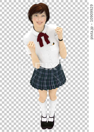 ガッツポーズするうれしい表情の女子高生　合成用背景透過pngイラスト素材 10909929
