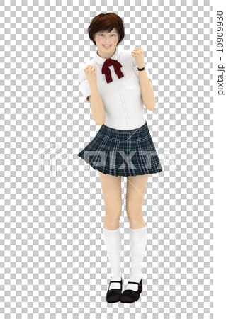 ガッツポーズするうれしい表情の女子高生　合成用背景透過pngイラスト素材 10909930