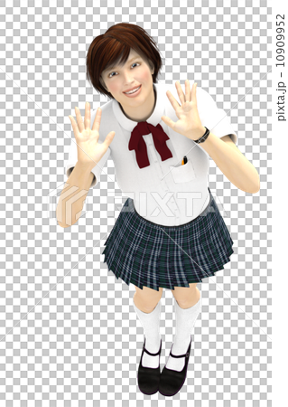 両手を振る女子高生　合成用　背景透過　３DCG　イラスト素材 10909952
