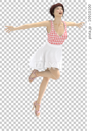 風に向かってジャンプするワンピースの女性　合成用　背景透過　３DCG　イラスト素材 10910100